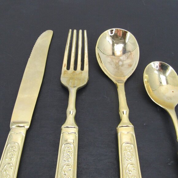 International Silver Co China Gold Plate Flowers & Scrolls Flatware Set 4 Piece - Picture 2 of 10